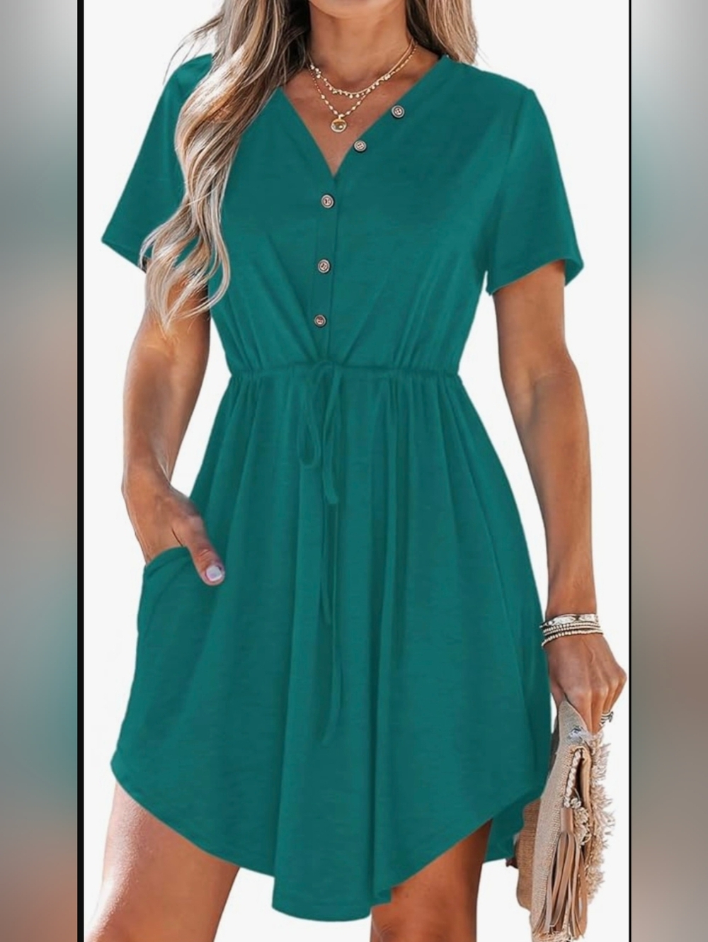 MISFAY Women Summer Casual V Neck Short Sleeve Drawstring Mini Dress
